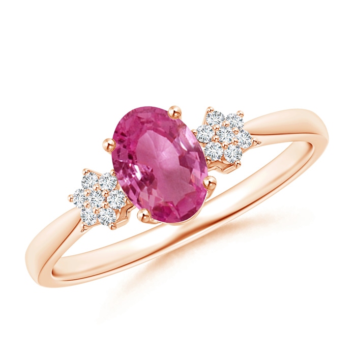 7x5mm AAAA Oval Pink Sapphire Solitaire Ring with Diamond Clusters in Rose Gold 