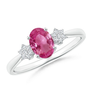 7x5mm AAAA Oval Pink Sapphire Solitaire Ring with Diamond Clusters in White Gold