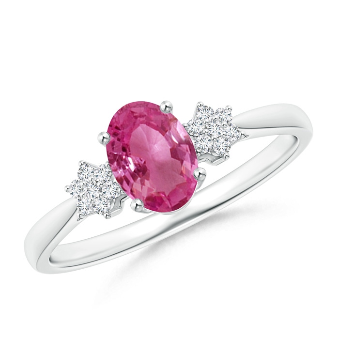 7x5mm AAAA Oval Pink Sapphire Solitaire Ring with Diamond Clusters in White Gold 