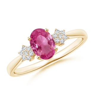 7x5mm AAAA Oval Pink Sapphire Solitaire Ring with Diamond Clustres in Yellow Gold