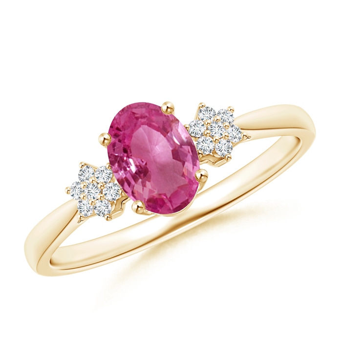 7x5mm AAAA Oval Pink Sapphire Solitaire Ring with Diamond Clustres in Yellow Gold 