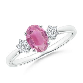 7x5mm AA Oval Pink Tourmaline Solitaire Ring with Diamond Clustres in White Gold