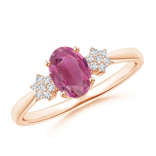 7x5mm AAA Oval Pink Tourmaline Solitaire Ring with Diamond Clustres in Rose Gold