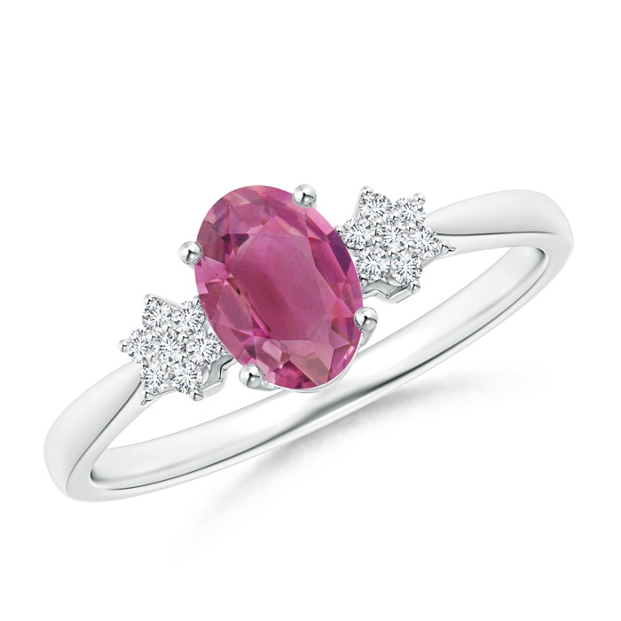7x5mm AAA Oval Pink Tourmaline Solitaire Ring with Diamond Clustres in White Gold 