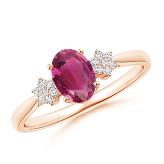7x5mm AAAA Oval Pink Tourmaline Solitaire Ring with Diamond Clustres in Rose Gold