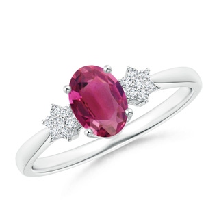 7x5mm AAAA Oval Pink Tourmaline Solitaire Ring with Diamond Clustres in White Gold