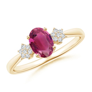 7x5mm AAAA Oval Pink Tourmaline Solitaire Ring with Diamond Clustres in Yellow Gold