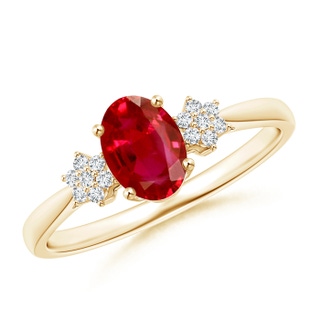 7x5mm AAA Oval Ruby Solitaire Ring with Diamond Clustres in 9K Yellow Gold