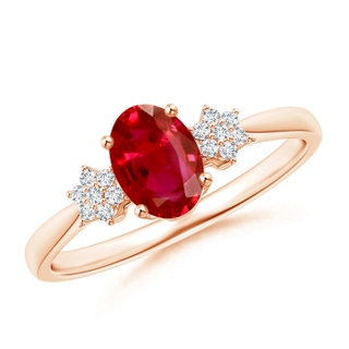 7x5mm AAA Oval Ruby Solitaire Ring with Diamond Clustres in Rose Gold