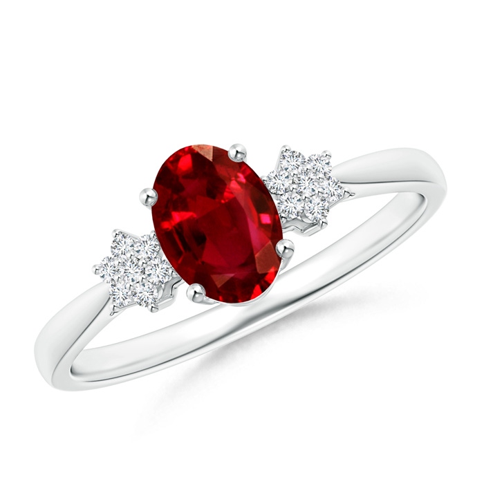 7x5mm AAAA Oval Ruby Solitaire Ring with Diamond Clustres in White Gold 