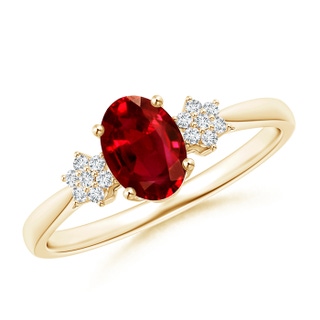 7x5mm AAAA Oval Ruby Solitaire Ring with Diamond Clustres in Yellow Gold