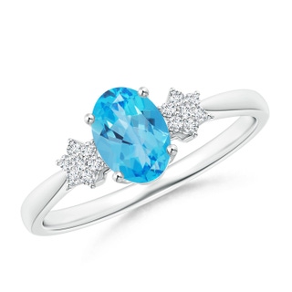 7x5mm AAA Oval Swiss Blue Topaz Solitaire Ring with Diamond Clustres in 9K White Gold