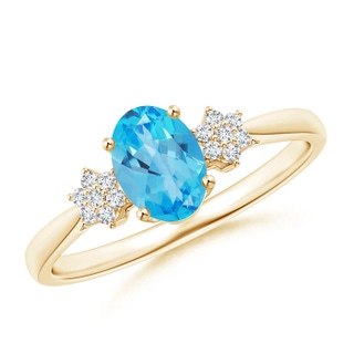 7x5mm AAA Oval Swiss Blue Topaz Solitaire Ring with Diamond Clustres in 9K Yellow Gold