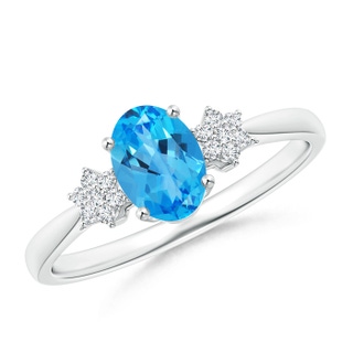 7x5mm AAAA Oval Swiss Blue Topaz Solitaire Ring with Diamond Clustres in White Gold