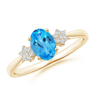 7x5mm AAAA Oval Swiss Blue Topaz Solitaire Ring with Diamond Clustres in Yellow Gold