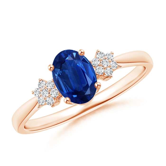 7x5mm AAA Oval Sapphire Solitaire Ring with Diamond Clusters in Rose Gold 
