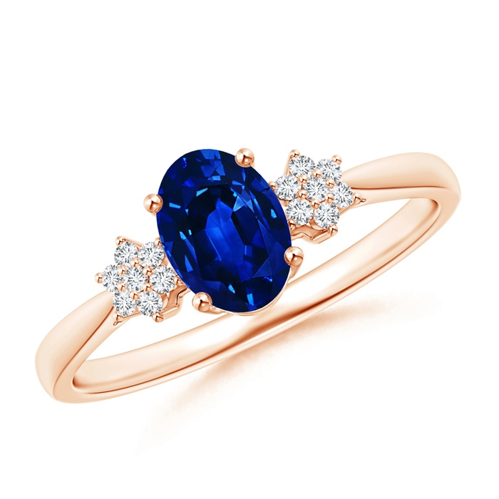 7x5mm AAAA Oval Sapphire Solitaire Ring with Diamond Clusters in Rose Gold 