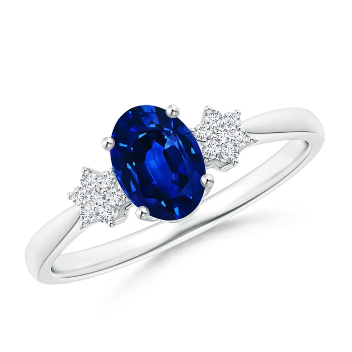 7x5mm AAAA Oval Sapphire Solitaire Ring with Diamond Clusters in S999 Silver 