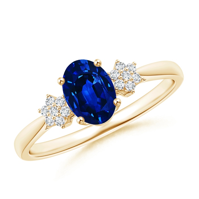 7x5mm AAAA Oval Sapphire Solitaire Ring with Diamond Clustres in Yellow Gold