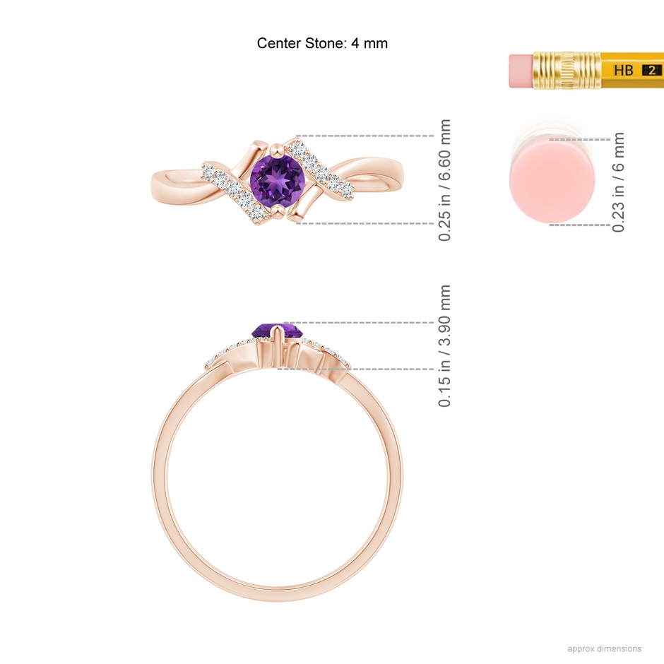 4mm AAAA Solitaire Amethyst Bypass Promise Ring with Diamond Accents in Rose Gold ruler