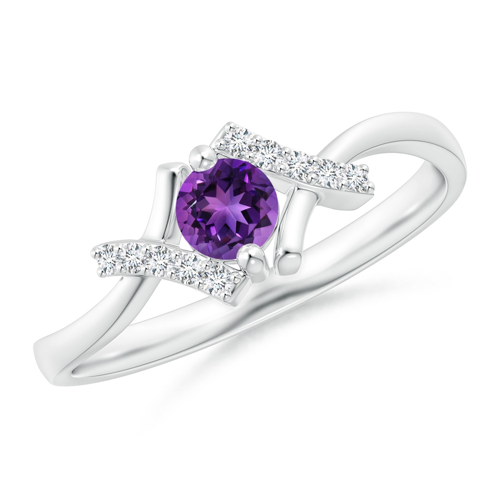 4mm AAAA Solitaire Amethyst Bypass Promise Ring with Diamond Accents in S999 Silver