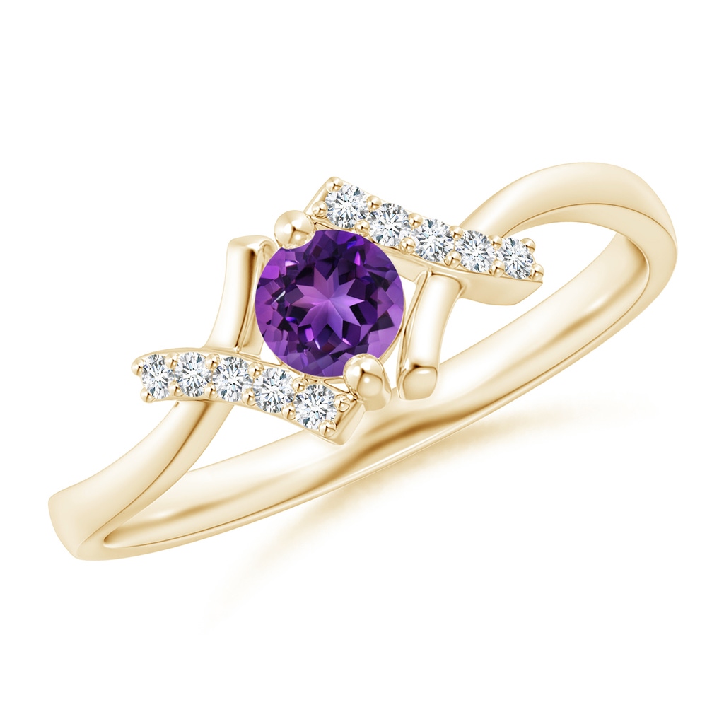 4mm AAAA Solitaire Amethyst Bypass Promise Ring with Diamond Accents in Yellow Gold