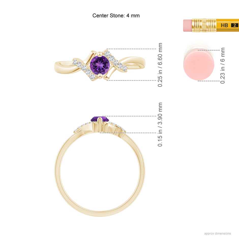 4mm AAAA Solitaire Amethyst Bypass Promise Ring with Diamond Accents in Yellow Gold ruler