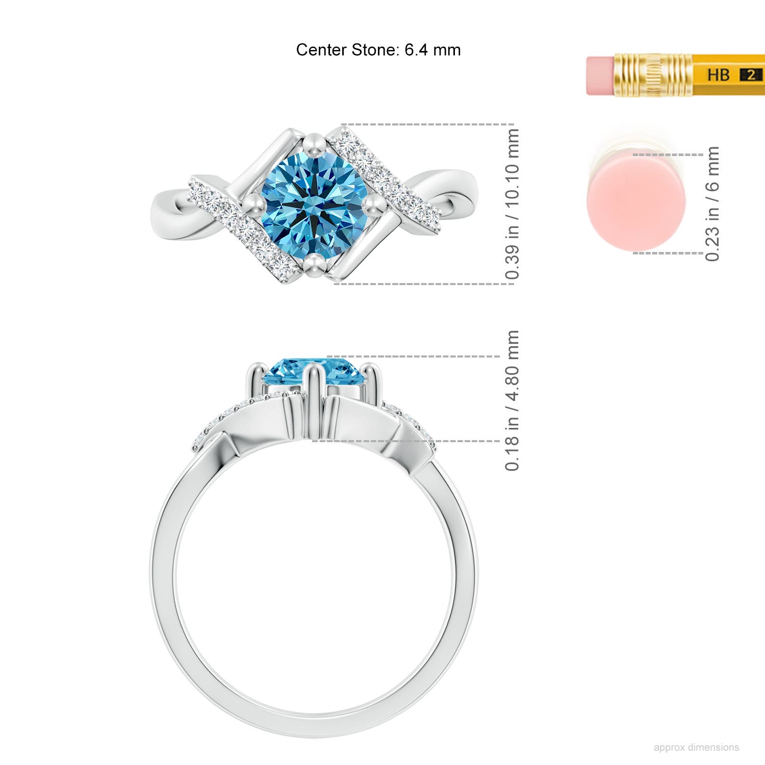 6.4mm AAAA Solitaire Fancy Intense Blue Diamond Bypass Promise Ring with Accents in White Gold - ruler