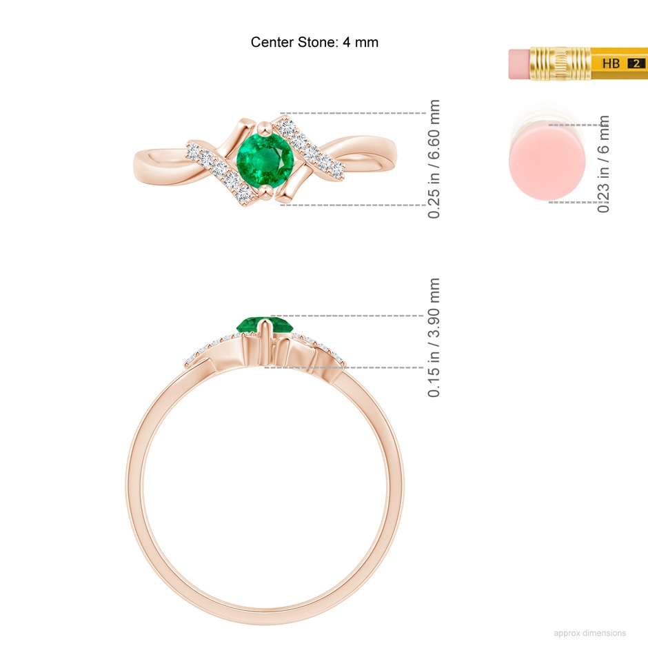 4mm AAA Solitaire Emerald Bypass Promise Ring with Diamond Accents in 18K Rose Gold ruler