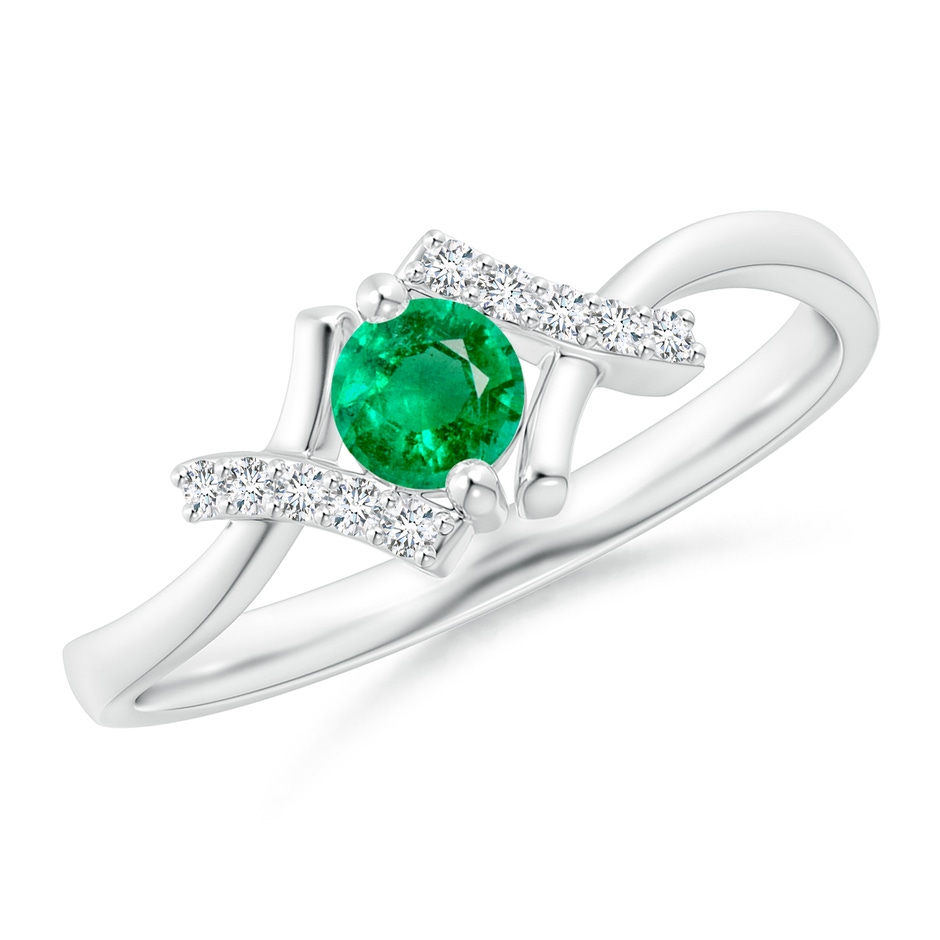 4mm AAA Solitaire Emerald Bypass Promise Ring with Diamond Accents in White Gold 