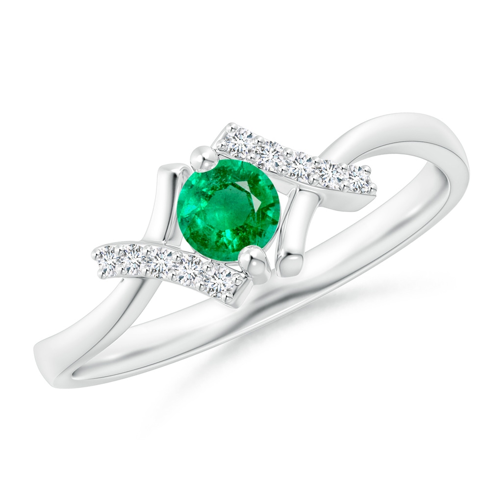 4mm AAA Solitaire Emerald Bypass Promise Ring with Diamond Accents in White Gold