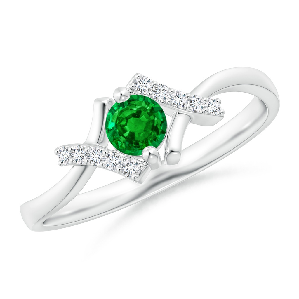 4mm AAAA Solitaire Emerald Bypass Promise Ring with Diamond Accents in S999 Silver