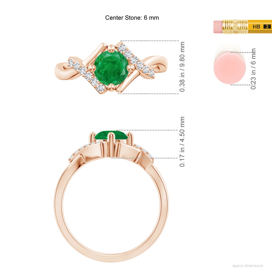 6mm AA Solitaire Emerald Bypass Promise Ring with Diamond Accents in Rose Gold ruler