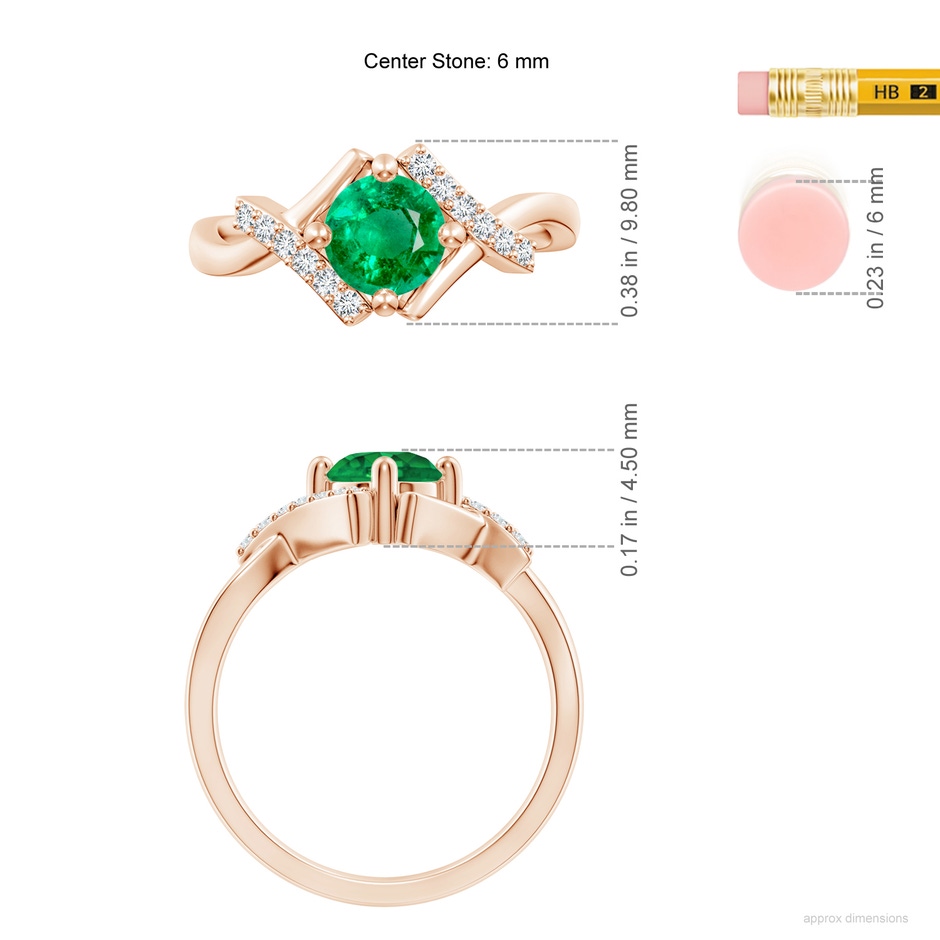 6mm AAA Solitaire Emerald Bypass Promise Ring with Diamond Accents in Rose Gold ruler