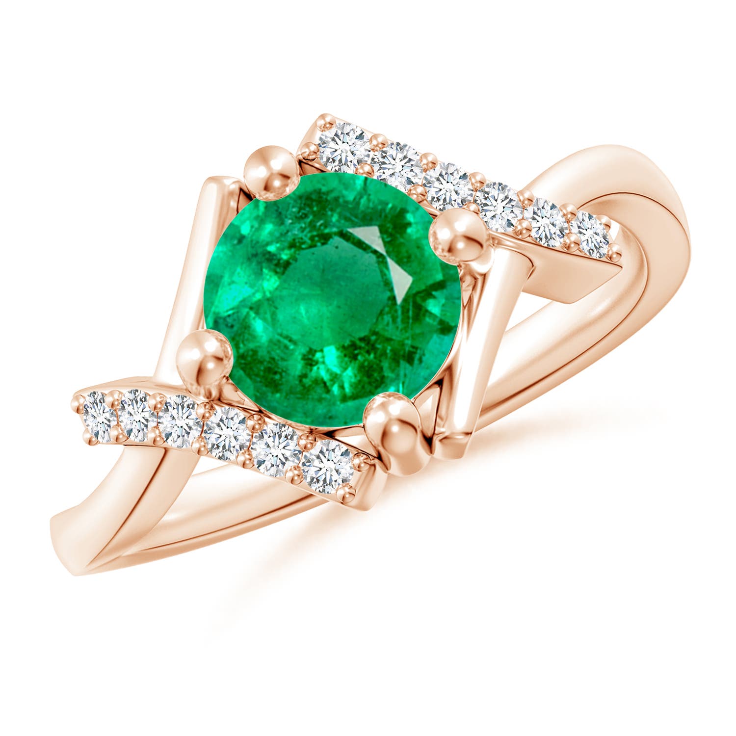 7mm AAA Solitaire Emerald Bypass Promise Ring with Diamond Accents in Rose Gold