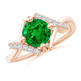 7mm AAAA Solitaire Emerald Bypass Promise Ring with Diamond Accents in 18K Rose Gold