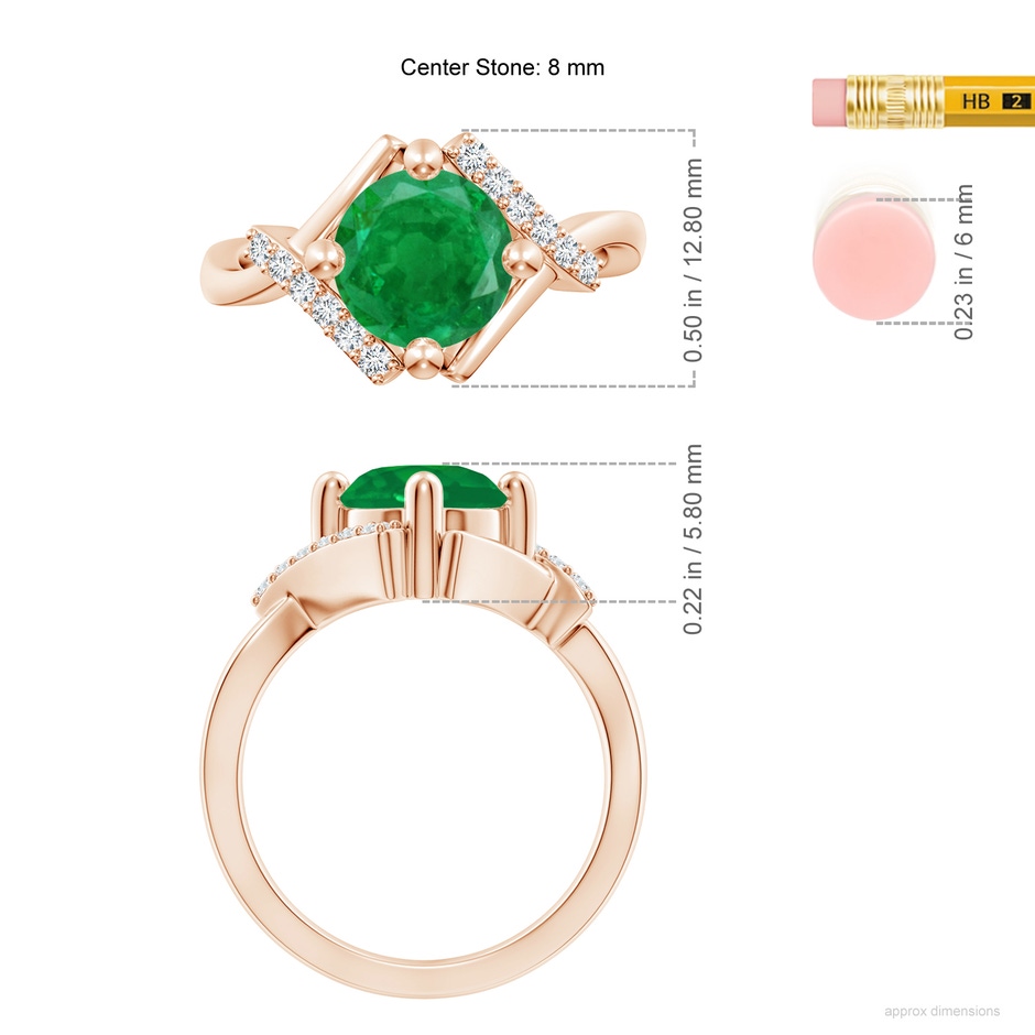 8mm AA Solitaire Emerald Bypass Promise Ring with Diamond Accents in Rose Gold ruler