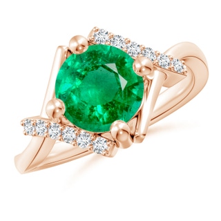 8mm AAA Solitaire Emerald Bypass Promise Ring with Diamond Accents in 18K Rose Gold