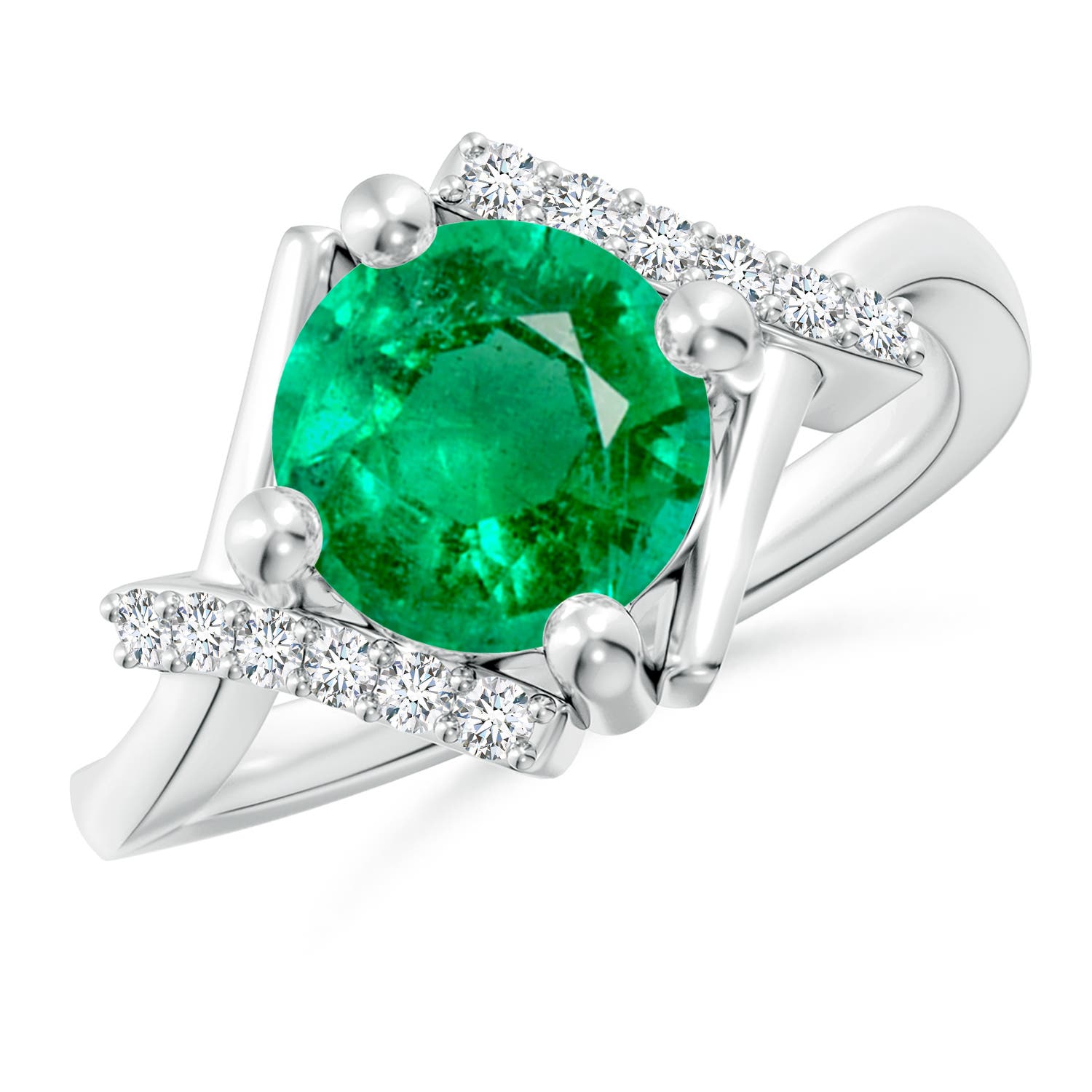 8mm AAA Solitaire Emerald Bypass Promise Ring with Diamond Accents in 18K White Gold