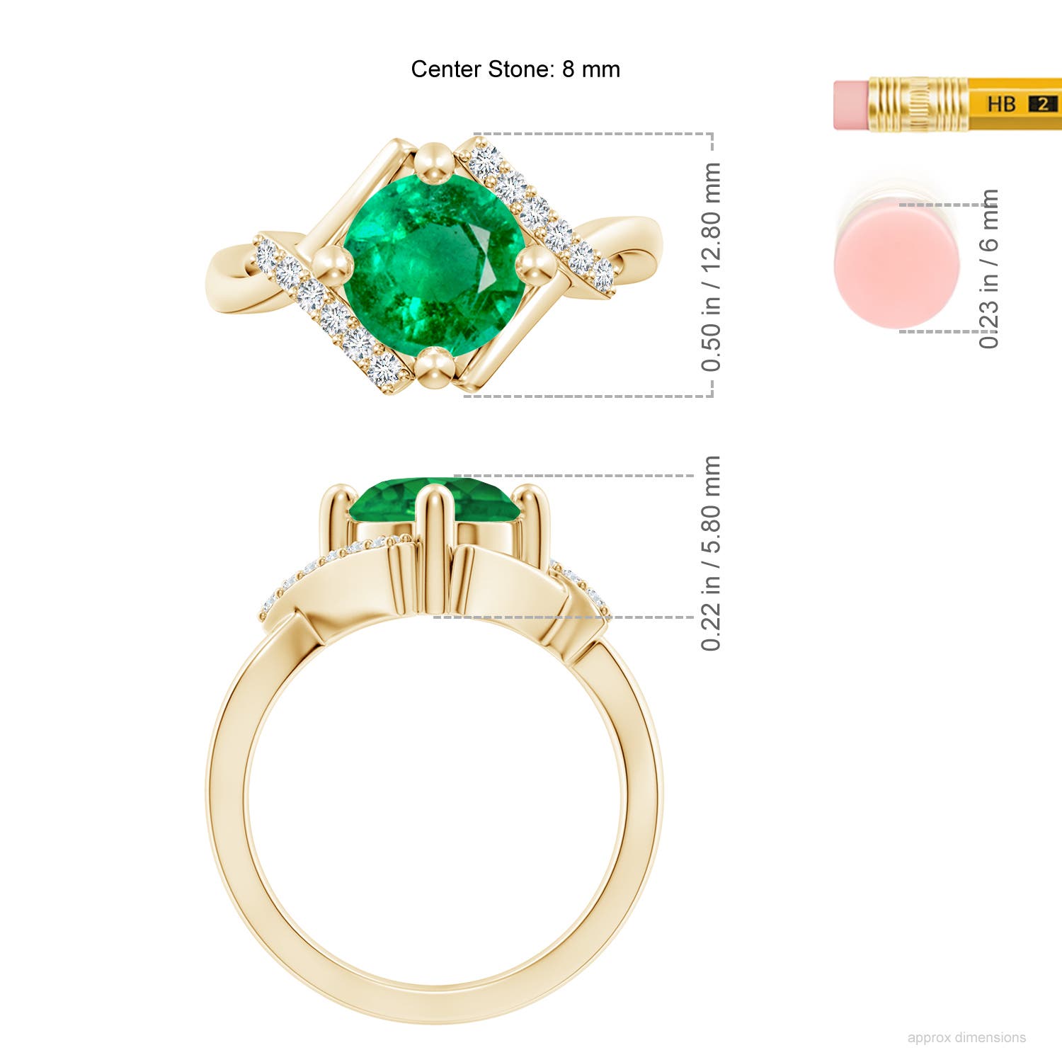 8mm AAA Solitaire Emerald Bypass Promise Ring with Diamond Accents in 18K Yellow Gold - ruler