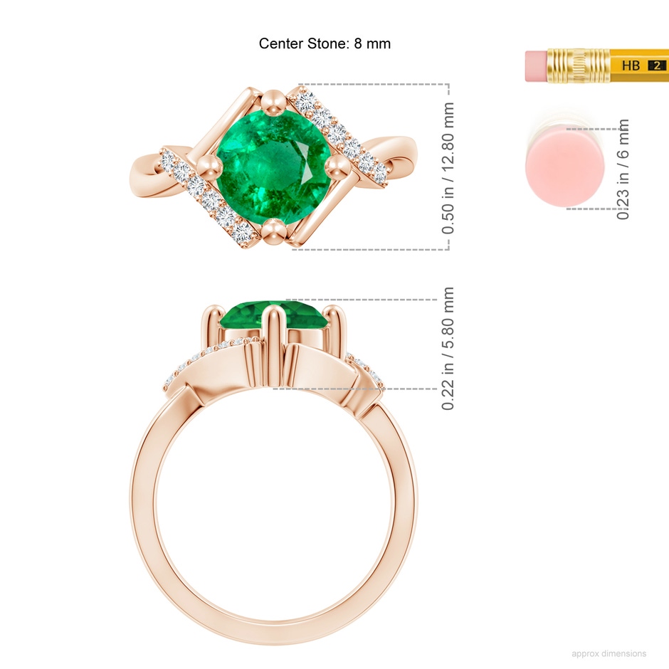 8mm AAA Solitaire Emerald Bypass Promise Ring with Diamond Accents in Rose Gold ruler
