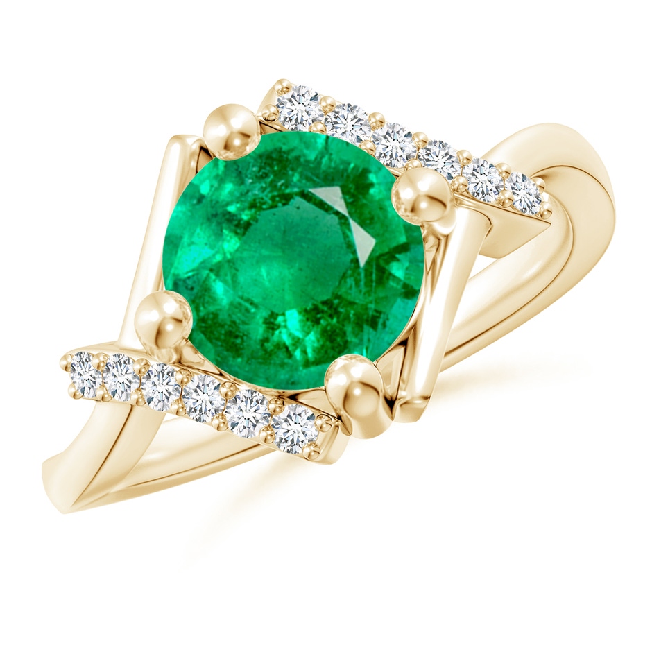 8mm AAA Solitaire Emerald Bypass Promise Ring with Diamond Accents in Yellow Gold 
