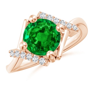 8mm AAAA Solitaire Emerald Bypass Promise Ring with Diamond Accents in 18K Rose Gold