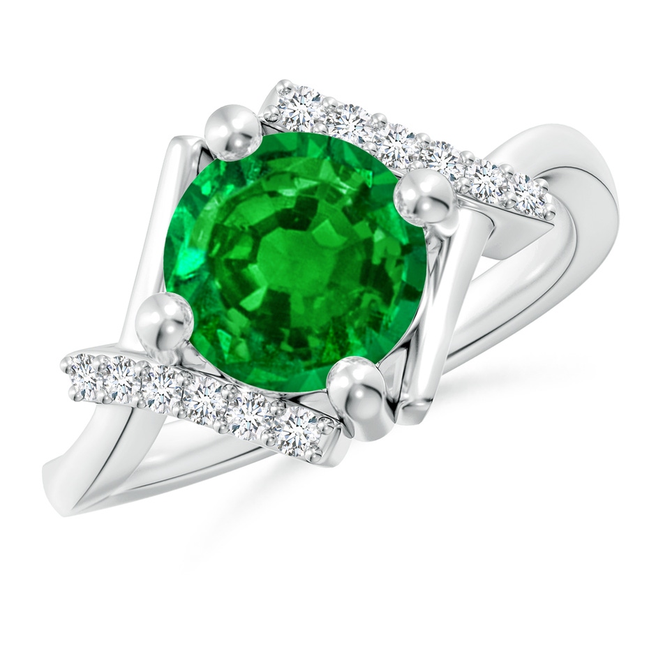 8mm AAAA Solitaire Emerald Bypass Promise Ring with Diamond Accents in S999 Silver 