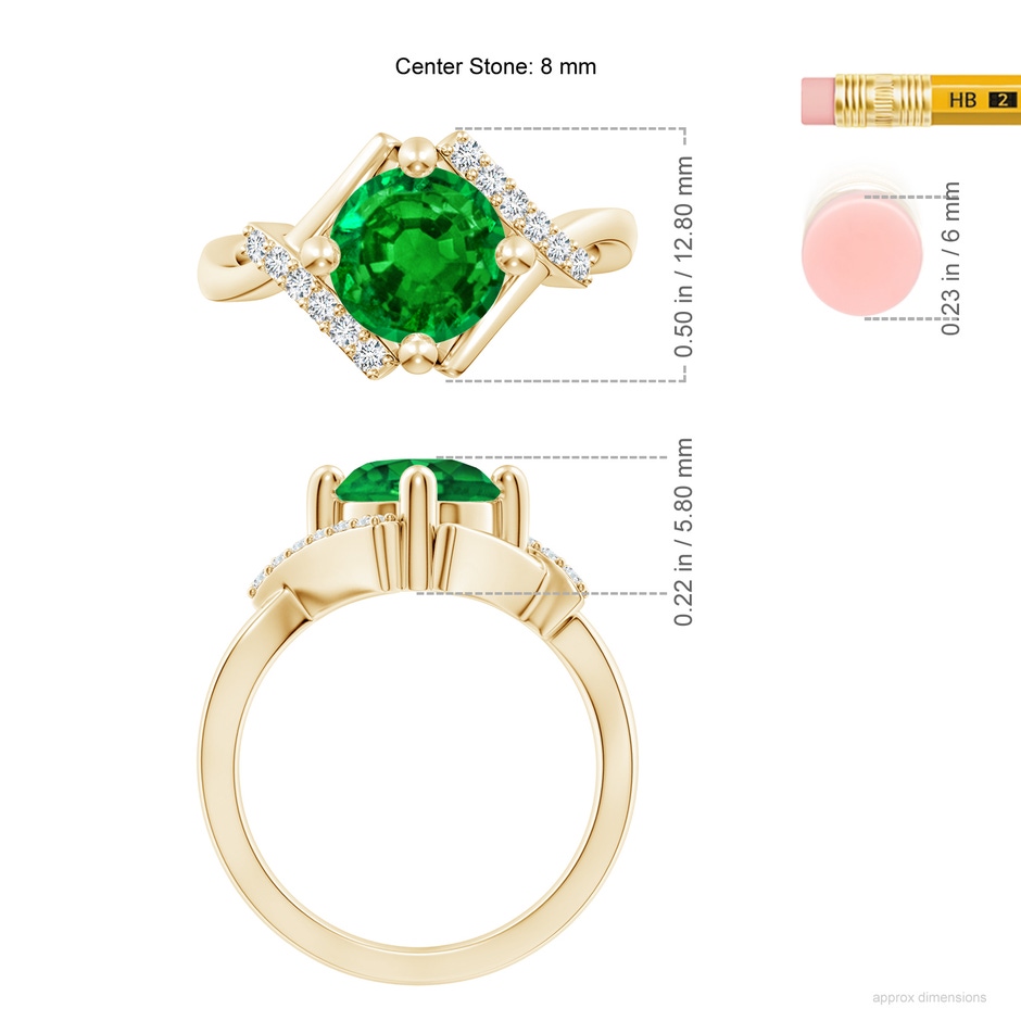 8mm AAAA Solitaire Emerald Bypass Promise Ring with Diamond Accents in Yellow Gold ruler
