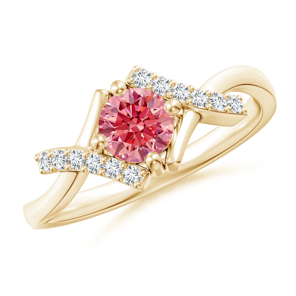 5.1mm AAAA Solitaire Fancy Intense Pink Diamond Bypass Promise Ring with Accents in Yellow Gold