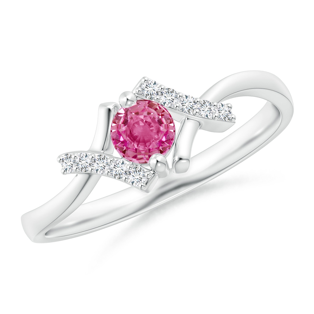 4mm AAA Solitaire Pink Sapphire Bypass Promise Ring with Diamond Accents in White Gold 