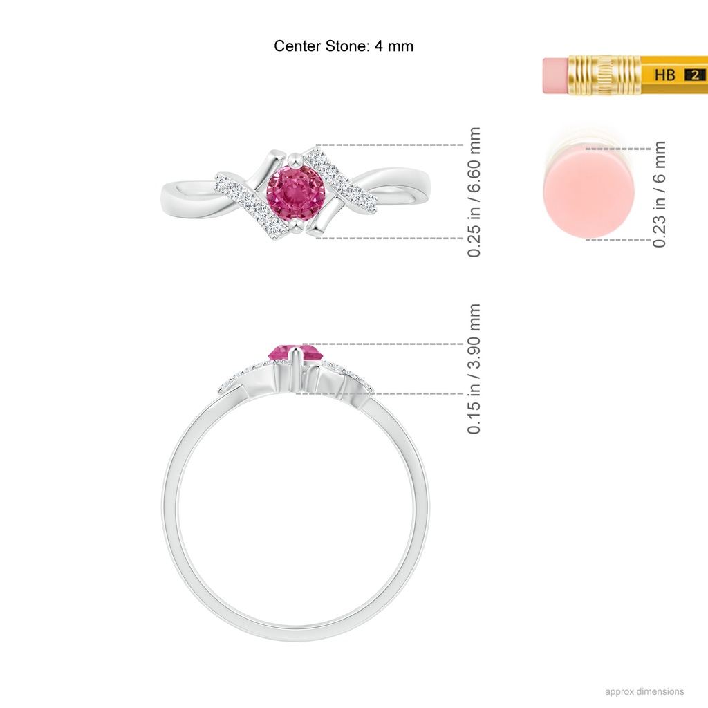 4mm AAAA Solitaire Pink Sapphire Bypass Promise Ring with Diamond Accents in S999 Silver Ruler