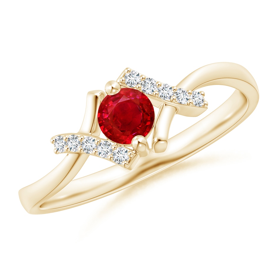 4mm AAA Solitaire Ruby Bypass Promise Ring with Diamond Accents in Yellow Gold 