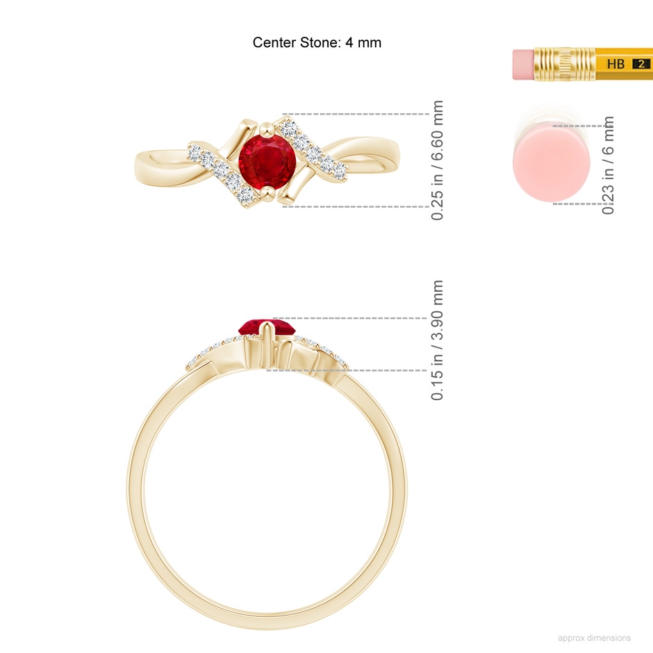 4mm AAA Solitaire Ruby Bypass Promise Ring with Diamond Accents in Yellow Gold ruler